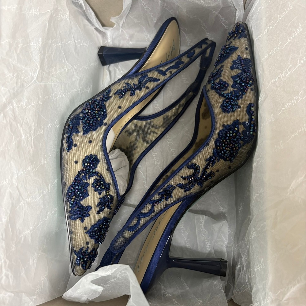 Betsey Johnson SB-NIKKI Navy Blue Beaded Mesh Slingback Kitten Heel Pumps 9M - Picture 8 of 10